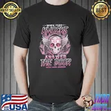 When fear knocks let faith answer the door breast cancer awareness angel skull sugar shirt