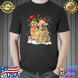 Funny golden Retriever Couple Santa Hat Light Reindeer In Snow T-Shirt Unisex