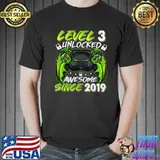 Premium level 3 Unlocked Awesome Since 2019 3rd Birthday Gaming T Shirt