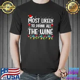 Top Wine Ugly Christmas Sweater Santa Hat Lights Xmas Pajama T Shirt