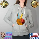 Turkey Peace Hand Sign Thanksgiving Thankful Women Kids Girl T-Shirt Full Zip Hooded