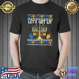 Official Let's Get Lit Hanukkah Jew Menorah Jewish Chanukkah Xmas T-shirt