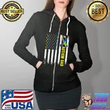 Retro American Flag Autism Dad Awareness Autistic T- Full Zip Hooded