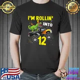 Awesome I'm Rollin' Into 12th Birthday Dino 12 Year Monster Truck T-Shirt