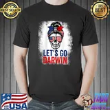 Nice Let's Go Darwin Skull Messy Bun American Flag Bleached T-Shirt Unisex