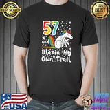 Official 57 Year Old I Blazing A Trail I Rainbow Unicorn Birthday Raglan Baseball T Shirt Unisex