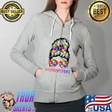 Autism Mom Life Awareness Messy Bun Puzzle Piece Mama Mother T- Full Zip Hooded