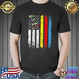 Distressed USA American Flag Ribbon Puzzle Autism Awareness Premium T-Shirt Unisex