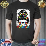 Messy Bun Bandana Auntie Ladies Girls Women Autism Awareness T-shirt