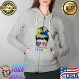 Womens Messy Bun I Stand With Ukraine Ukrainian American Flag T-Shirt Full Zip Hooded