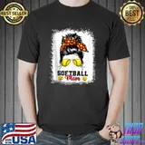 Softball Mom Shirt For Women Messy Bun Bleached Mother's Day T-shirt