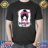 Support Squad Messy Bun Pink Warrior Breast Cancer Awareness T-Shirt