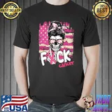 Messy Bun Skull Fuck Cancer Breast Cancer Awareness Pink Ribbon American Flag T-Shirt