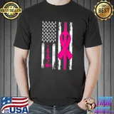 Breast Cancer Awareness Distressed American Flag Pink Ribbon T-Shirt