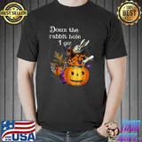 Down The Rabbit Hole I Go Pumpkin Alice White Rabbit Flowers Halloween T-Shirt