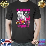 In October We Wear Pink Dinosaur Ghost Pumpkin Breast Cancer Halloween T-Shirt