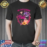 In October We Wear Pink Pumpkin And Hat Witch And Flower Breast Cancer Awareness T-Shirt