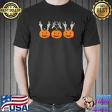 Peace Love Rock Pumpkin Halloween Lovers Skeleton Hands T-Shirt