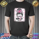 Support Squad Messy Bun Pink Ribbon Breast Cancer Awareness Sunglass Leopard T-Shirt