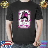 Back The Pink Ribbon Messy Bun Sunglass Leopard And Butterflies Breast Cancer Awareness T-Shirt