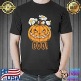 Boo pattern halloween pumpkin and flower shirt