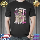In October We Wear Pink Breast Cancer Skeleton Halloween Skeleton Usa Flag T-Shirt