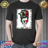 Mexico Halloween Skull Messy Bun Hair Mexican Flag Pride T-Shirt