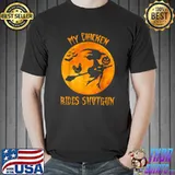 My Chicken Rides Shotgun Witch Riding Broom Blood Moon Halloween Lover T-Shirt