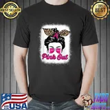 Pink Out Breast Cancer Awareness Football Bleached Messy Bun Ribbon Leopard T-Shirt