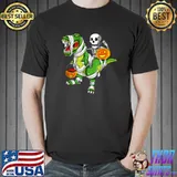 Skeleton Riding Mummy Dinosaur T rex Green Halloween Pumpkin T-Shirt