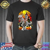 Skeleton Riding Mummy Dinosaur T rex Halloween Pumpkins Blood Moon Bats T-Shirt