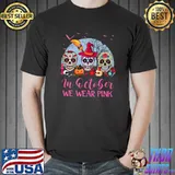 Sugar Skulls In October We Wear Pink Breast Cancer Awareness Moon Bats T-Shirt