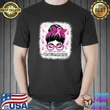 Teaching Assistant In October We Wear Pink Cancer Awareness Messy Bun Hair T-Shirt