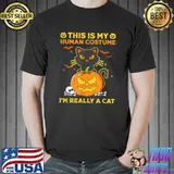 This Is My Human Costume I'm Really A Cat Pumpkin Bats Halloween T-Shirt