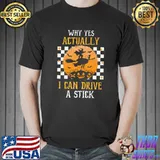 Why Yes Actually I Can Drive A Stick Witch Riding Broom Blood Moon Groovy Halloween T-Shirt