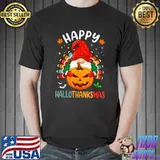 Gnome Hug Pumpkin Turkey Happy Hallothanksmas Halloween Thanksgiving T-Shirt