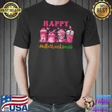 Happy HalloThanksMas Coffee Latte Butterflies Breast Cancer Awareness Pink T-Shirt