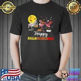 Happy Hallothanksmas Flamingo Zombie Turkey And Santa With Moon And Bat T-Shirt