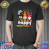 Happy Hallothanksmas Gnomes Cute And Moon Bats Halloween Thanksgiving Christmas T-Shirt