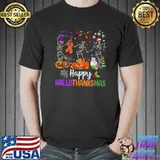 Happy Hallothanksmas Skeleton Dancing Pumpkin And Snowman Halloween Thanksgiving Christmas T-Shirt