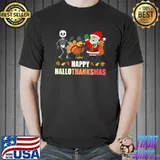 Happy HalloThanksMas Three Holiday Skeleton Turkey And Santa T-Shirt