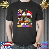 Happy Hallothanksmas Wine Glasses Witch Santa Hat Pumpkin Snowman T-Shirt