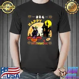Happy Hallothanksmas With Moon And House Witch Cat Black Halloween Boo Thanksgiving T-Shirt