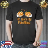 He Likes My Pumpkins Matching Couples Pumpkin Bats Skeleton Hands Halloween T-Shirt
