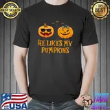He Likes My Pumpkins She Likes My Broomstick Bats And Sunglasses And Ribbon Leopard Halloween T-Shirt