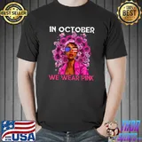 In October Wear Pink Black Women With Sunglass Usa Flag And Sunflowers Breast Cancer Awareness Accessories T-Shirt