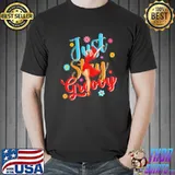 Just stay groovy colorful illustration of lady wearing red dress standing in front of word art shirt