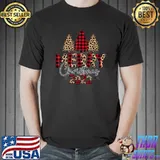 Merry Christmas 2022 Buffalo Plaid Red Leopard Christmas Tree Xmas T-Shirt