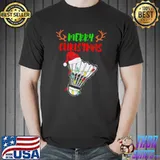 Merry Christmas Badminton Lights Santa Hat T-Shirt