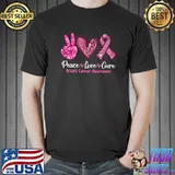 Peace Love Cure Pink Ribbon Cancer Breast Awareness High Hand Heart Leopard T-Shirt